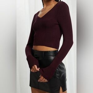Beverly and Beck Womens Ribbed Knit V-Neck Crop Top Burgundy Plum XS Long Sleeve